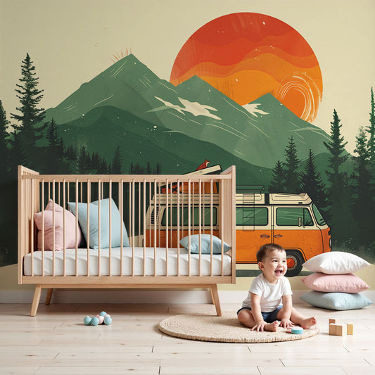 Kids-Mundo retro campervan and mountain wall mural installed in a nursery, framing the cot with a calm outdoor scene.