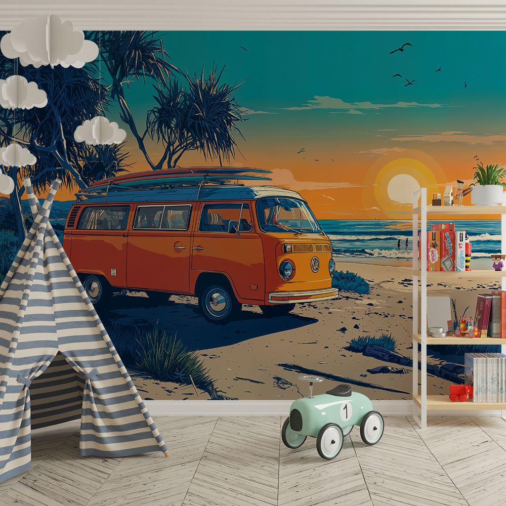Kids-Mundo campervan wall mural covering a kids bedroom wall behind a bed and shelving