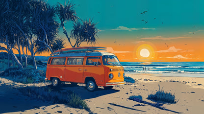 Kids-Mundo flat artwork of an orange retro campervan parked on a beach at sunset