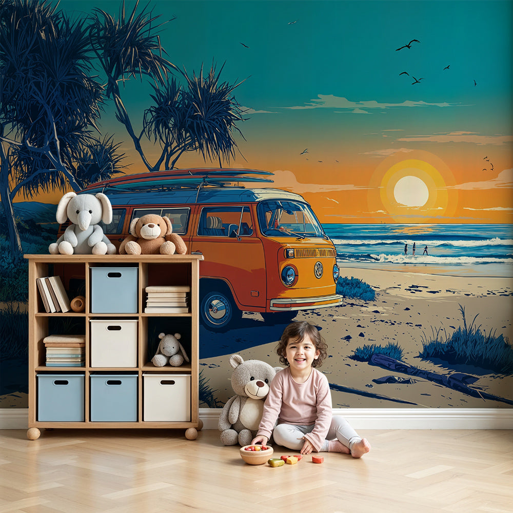 Kids-Mundo campervan wall mural in a warm nursery behind a cot with a retro sunset beach
