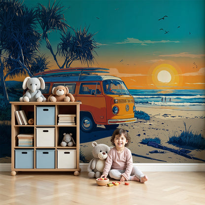 Kids-Mundo campervan wall mural in a warm nursery behind a cot with a retro sunset beach