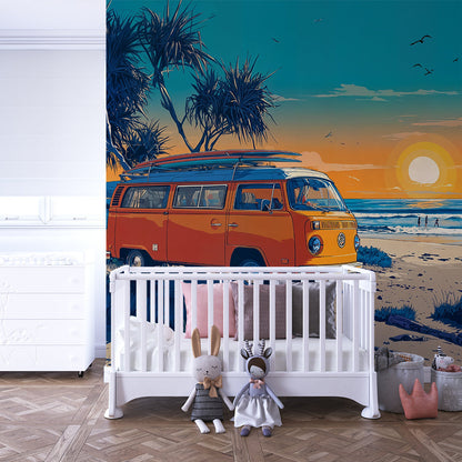 Kids-Mundo campervan wall mural filling a playroom wall with an orange van and palm trees