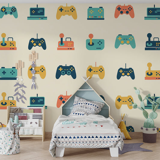 Kids-Mundo retro console pattern wall mural in a tween or teen games room