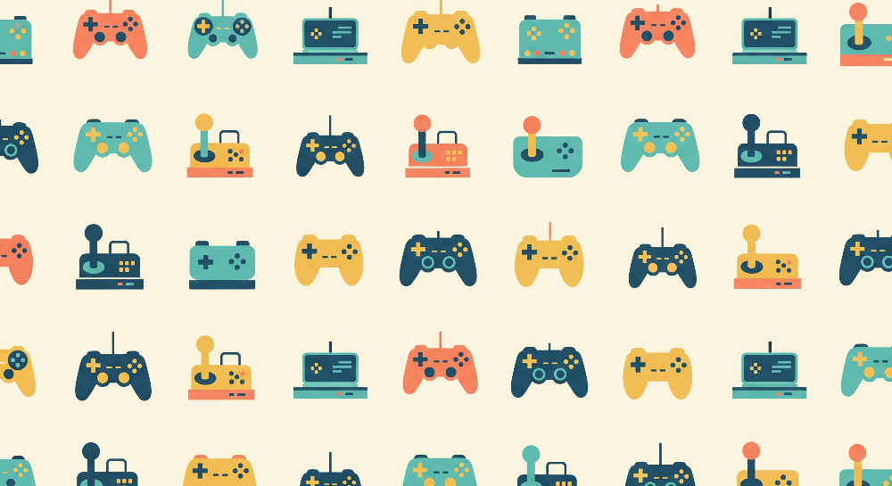 Kids-Mundo flat artwork of a retro video game controller and console pattern