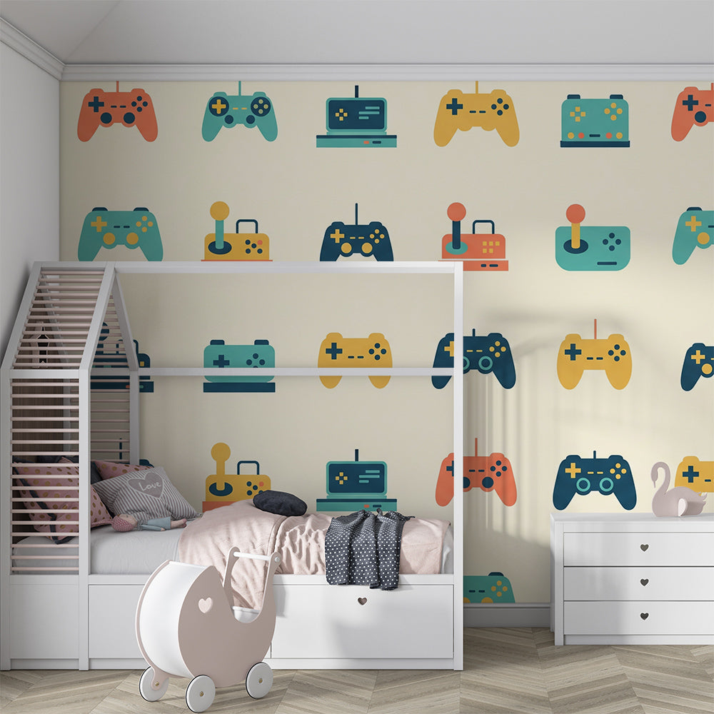 Kids-Mundo gaming wall mural with retro controllers in a fun children's playroom