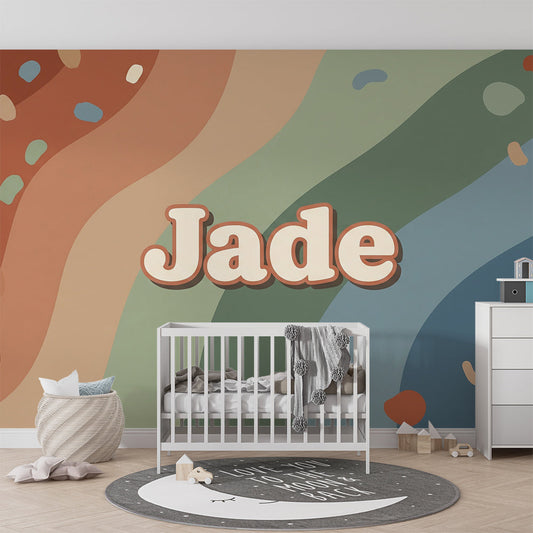 Kids-Mundo colourful ripple wall mural styled on a feature wall in a kids bedroom