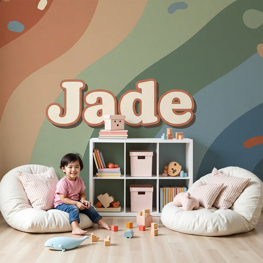 Kids-Mundo retro rainbow ripple wall mural with confetti dots in a baby nursery