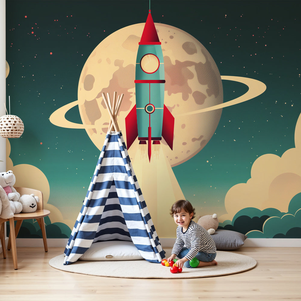 Kids-Mundo retro rocket and ringed moon wall mural styled above a cot in a warm, playful nursery