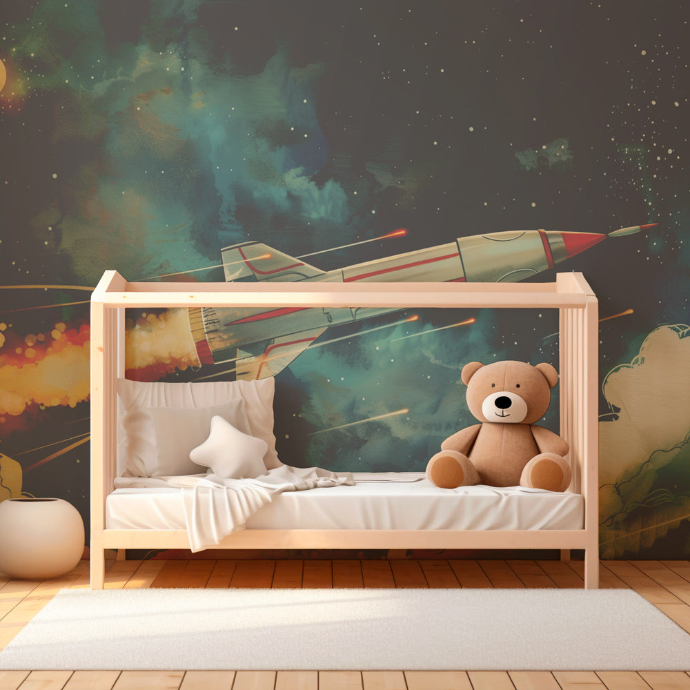 Kids-Mundo rocket and starry sky wall mural styled in a fun kids' bedroom setting.