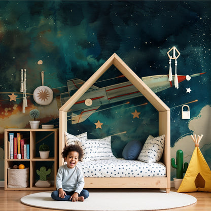 Kids-Mundo retro rocket wall mural in a starry night sky, made to measure for a nursery.