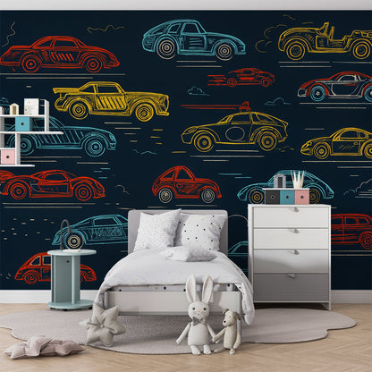 Kids-Mundo cars wall mural covering a feature wall in a colourful kids bedroom with toy cars