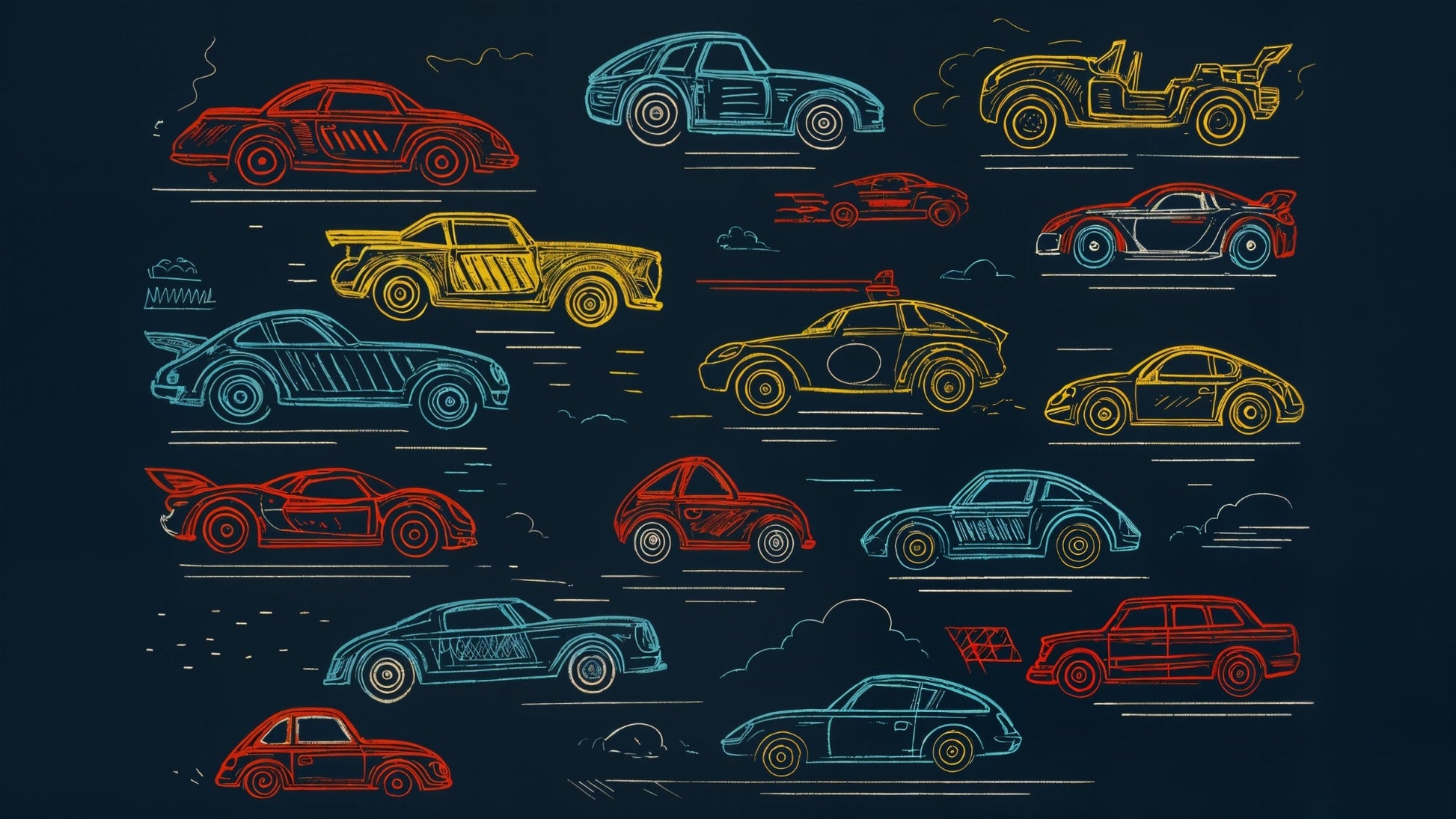 Flat artwork of the Kids-Mundo retro sketch racing cars design in blue, red and yellow on navy