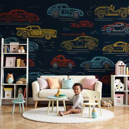 Kids-Mundo retro sketch cars wall mural fitted above a bed in a boy's navy bedroom