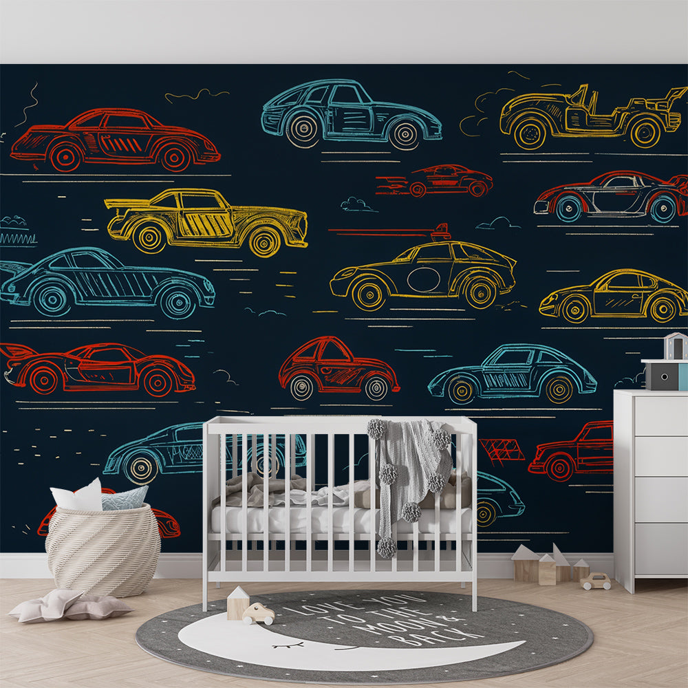 Kids-Mundo racing cars wall mural fitted in a playroom with a reading corner and rug