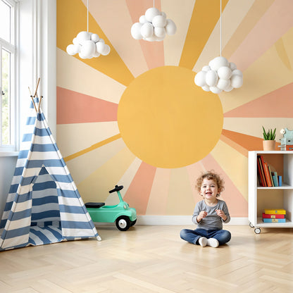 Kids-Mundo retro sunburst wall mural in warm pastel tones styled in a bright, sunny nursery