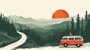 Detailed retro van sunset adventure mural wallpaper design pattern by Kids-Mundo