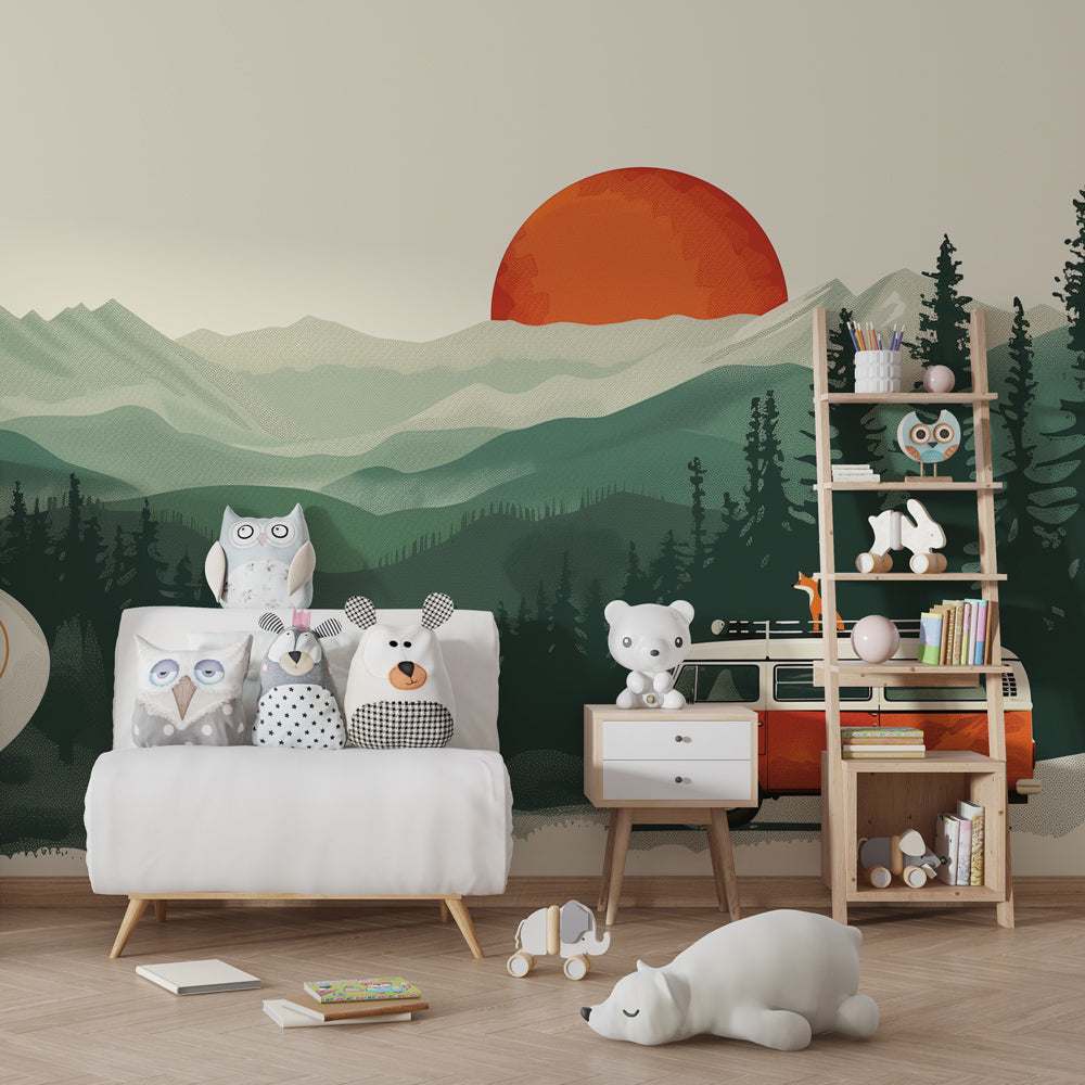 Vintage van adventure mural wallpaper transforming kids playroom with retro sunset design