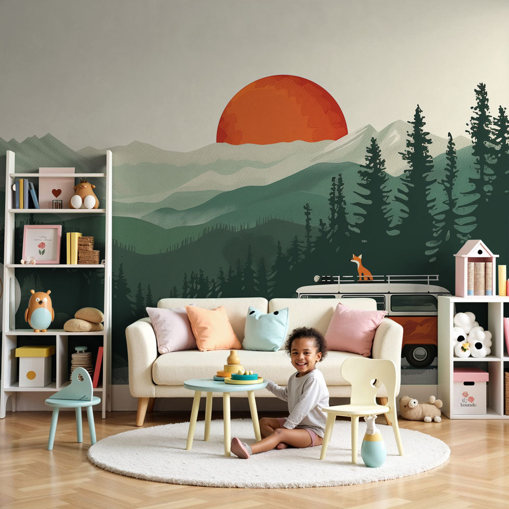 Retro van sunset mural wallpaper in modern children's bedroom by Kids-Mundo