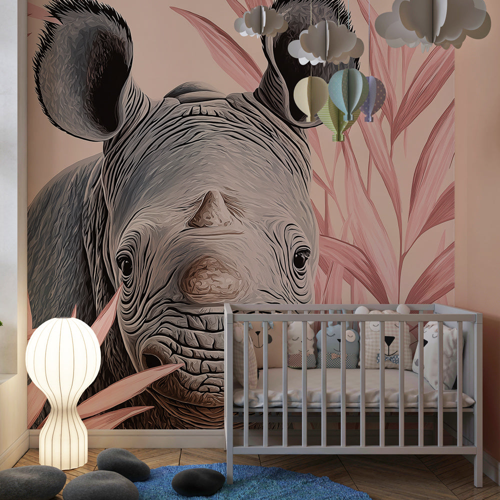 Safari rhino wallpaper creating gentle jungle atmosphere in children's bedroom decor