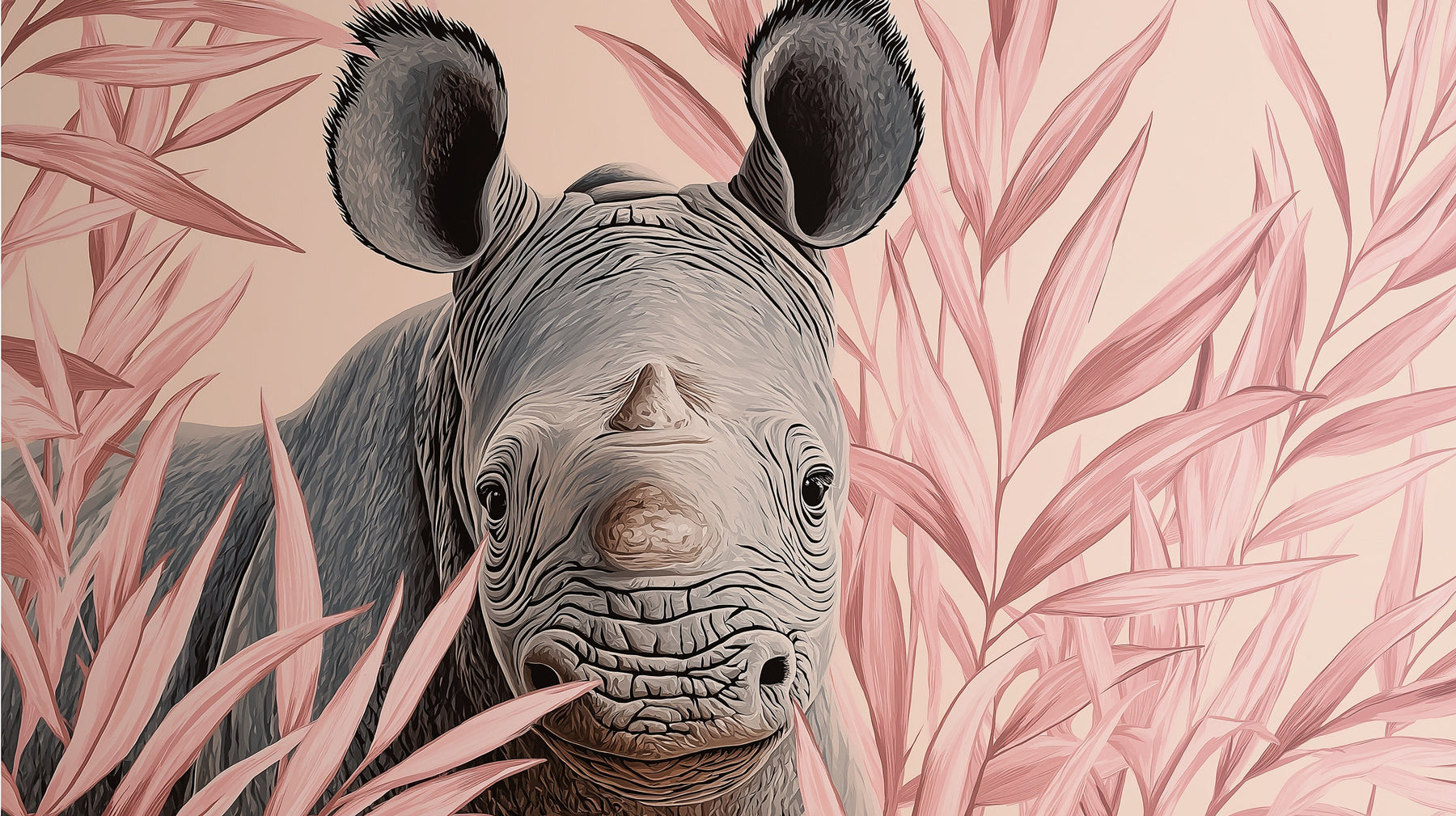 Detailed pastel rhino jungle mural wallpaper design pattern with pink foliage by Kids-Mundo