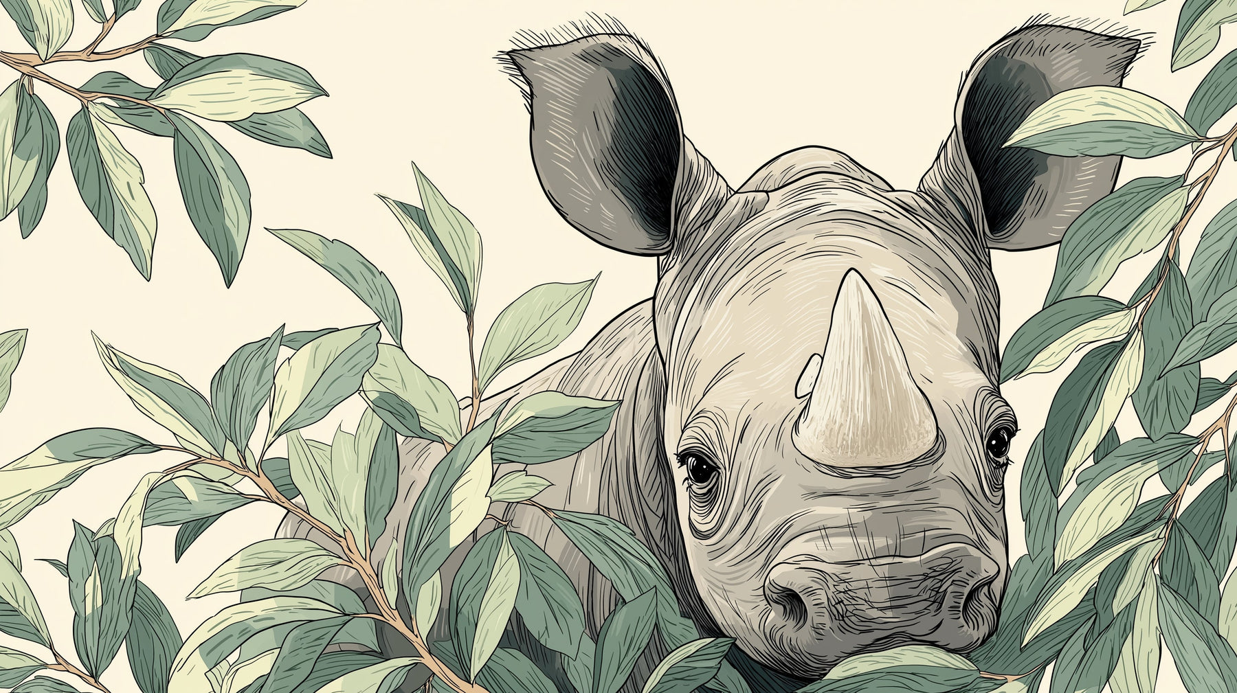 Detailed rhino jungle mural wallpaper design pattern with lush tropical foliage by Kids-Mundo