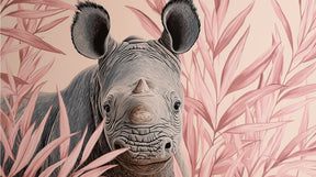 Detailed pastel rhino jungle mural wallpaper design pattern with pink foliage by Kids-Mundo