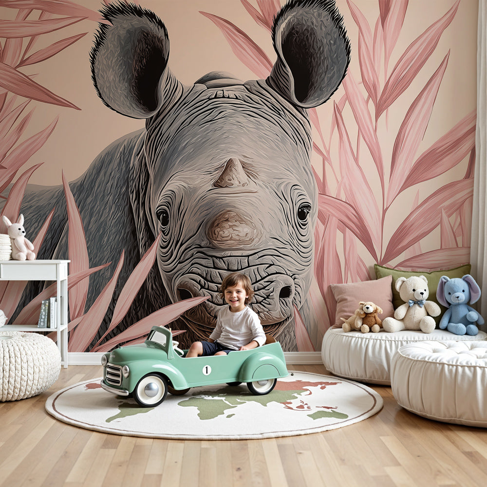 Pastel rhino jungle mural wallpaper in modern nursery with soft pink safari theme by Kids-Mundo