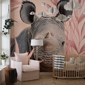 Pink jungle rhino mural wallpaper transforming kids playroom into safari adventure space
