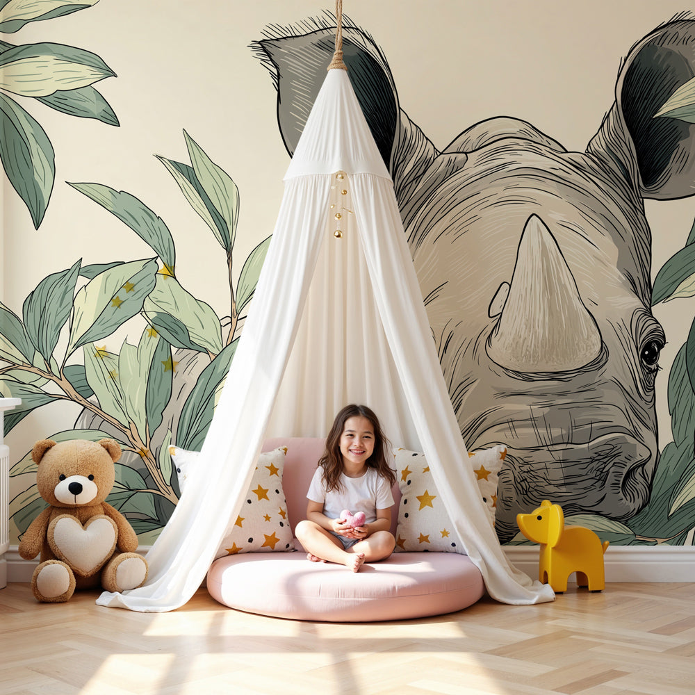 Rhino jungle mural wallpaper creating safari adventure theme in modern kids nursery by Kids-Mundo
