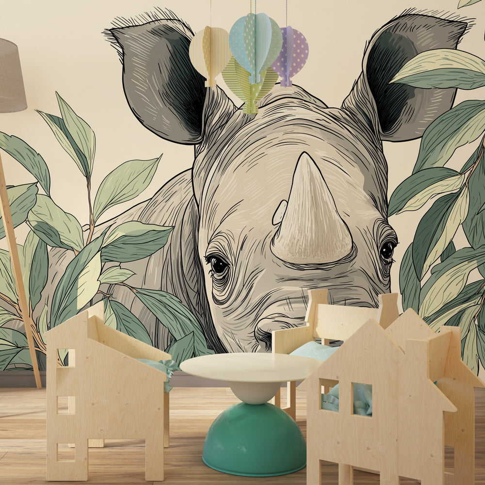 Jungle themed mural wallpaper featuring gentle rhinoceros for educational kids room decor