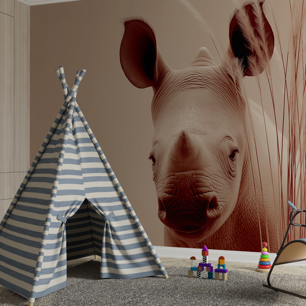 Cute rhinoceros wallpaper in modern children's bedroom with wooden furniture and soft lighting