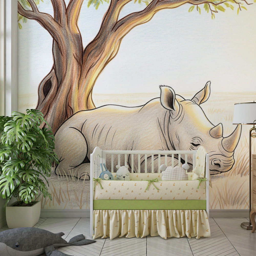 Wildlife themed mural wallpaper for children showcasing peaceful savanna scene in warm beige tones