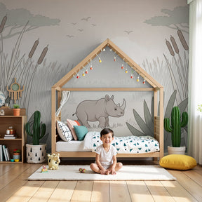 Rhino safari mural wallpaper in peaceful nursery with natural wood crib by Kids-Mundo