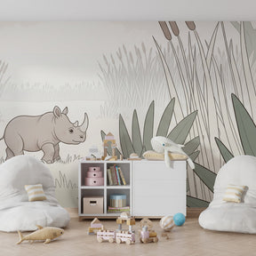 Wildlife mural wallpaper with rhinoceros theme in cozy kids playroom setting