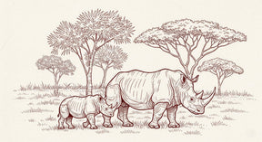 Detailed rhinoceros safari mural wallpaper design pattern showing mother and baby rhino by Kids-Mundo