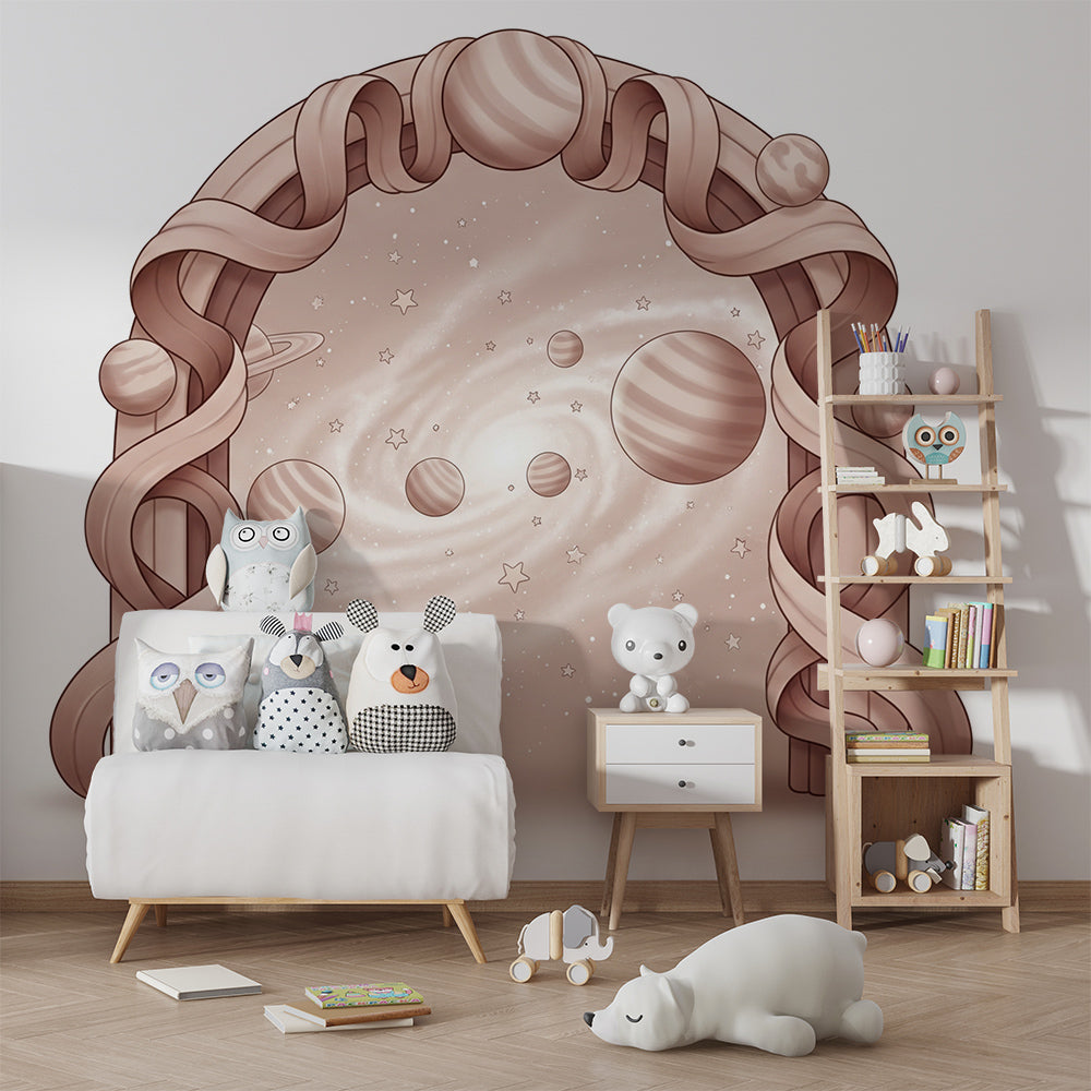 Kids-Mundo twisted ribbon galaxy mural behind a bed in a child's rose bedroom.