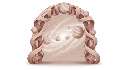Kids-Mundo flat artwork of a twisted ribbon arch framing a spiral galaxy and planets.