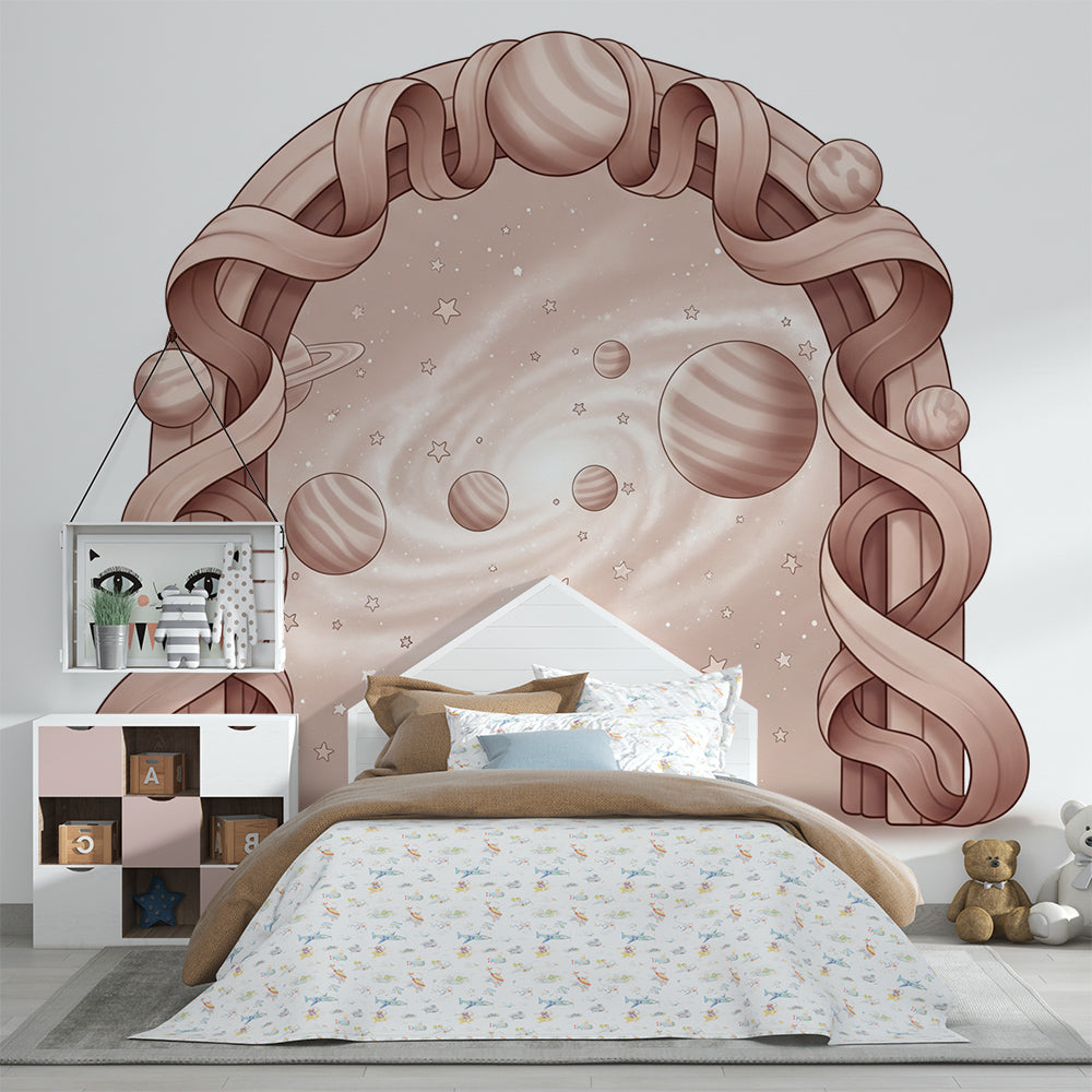 Kids-Mundo ribbon arch galaxy wall mural adding a bold feature to a playroom.