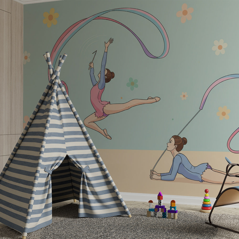 Kids-Mundo gymnastics and daisy wall mural shown on a feature wall in a girl's bedroom
