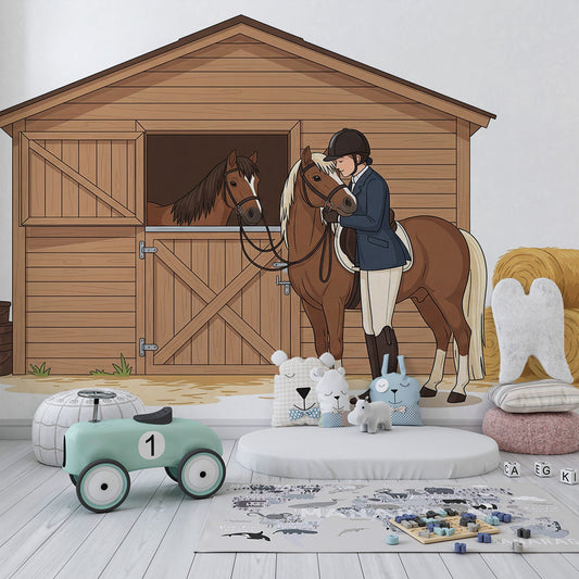 Kids-Mundo young rider and pony wall mural covering a wall in a kids bedroom