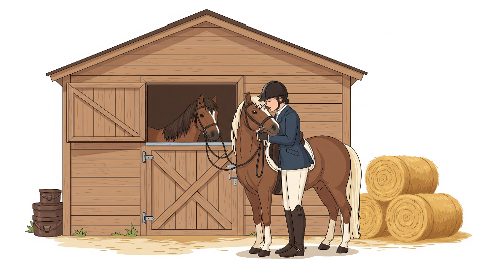 Young Rider and Pony at a Wooden Stable Wall Mural