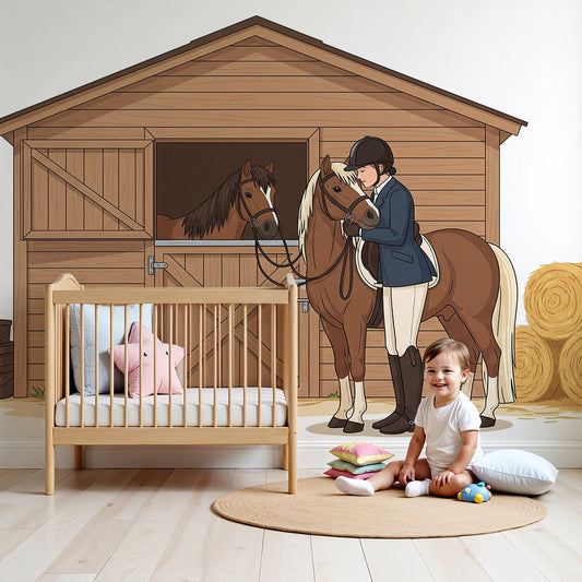 Kids-Mundo pony and stable wall mural made to measure on a horse-themed nursery feature wall