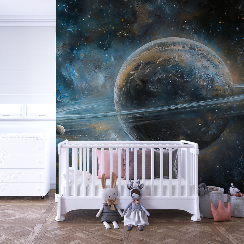 Kids-Mundo blue nebula ringed planet wall mural on a child's bedroom wall