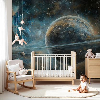 Kids-Mundo ringed planet nebula wall mural styled in a calm nursery room