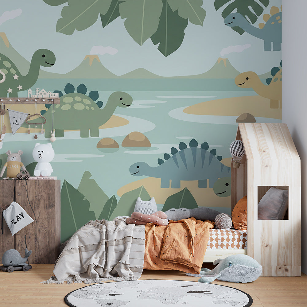 Kids-Mundo river dinosaur wall mural behind a bed in a nature-themed kids bedroom