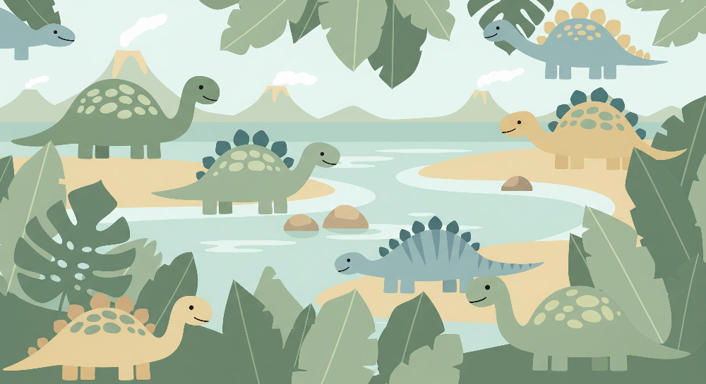 Kids-Mundo flat artwork of dinosaurs wading along a winding jungle river