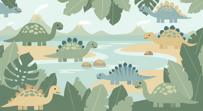 Kids-Mundo flat artwork of dinosaurs wading along a winding jungle river