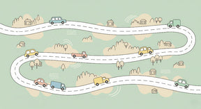 Detailed road adventure mural wallpaper design pattern with colorful vehicles by Kids-Mundo