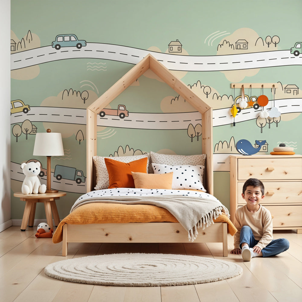 Road adventure mural wallpaper with colorful cars creating playful nursery decor by Kids-Mundo