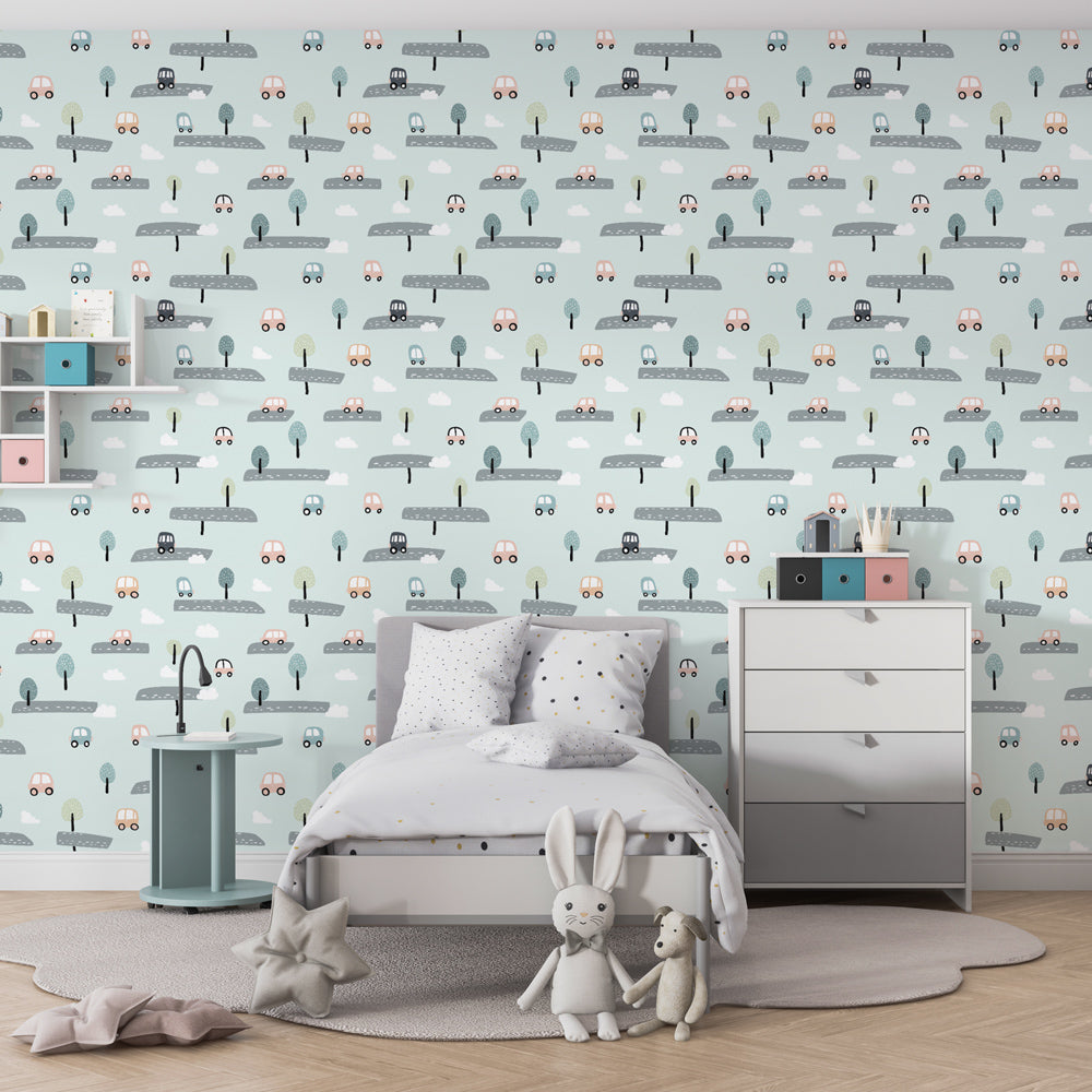 Road adventure wallpaper creating imaginative play space in kids room decor